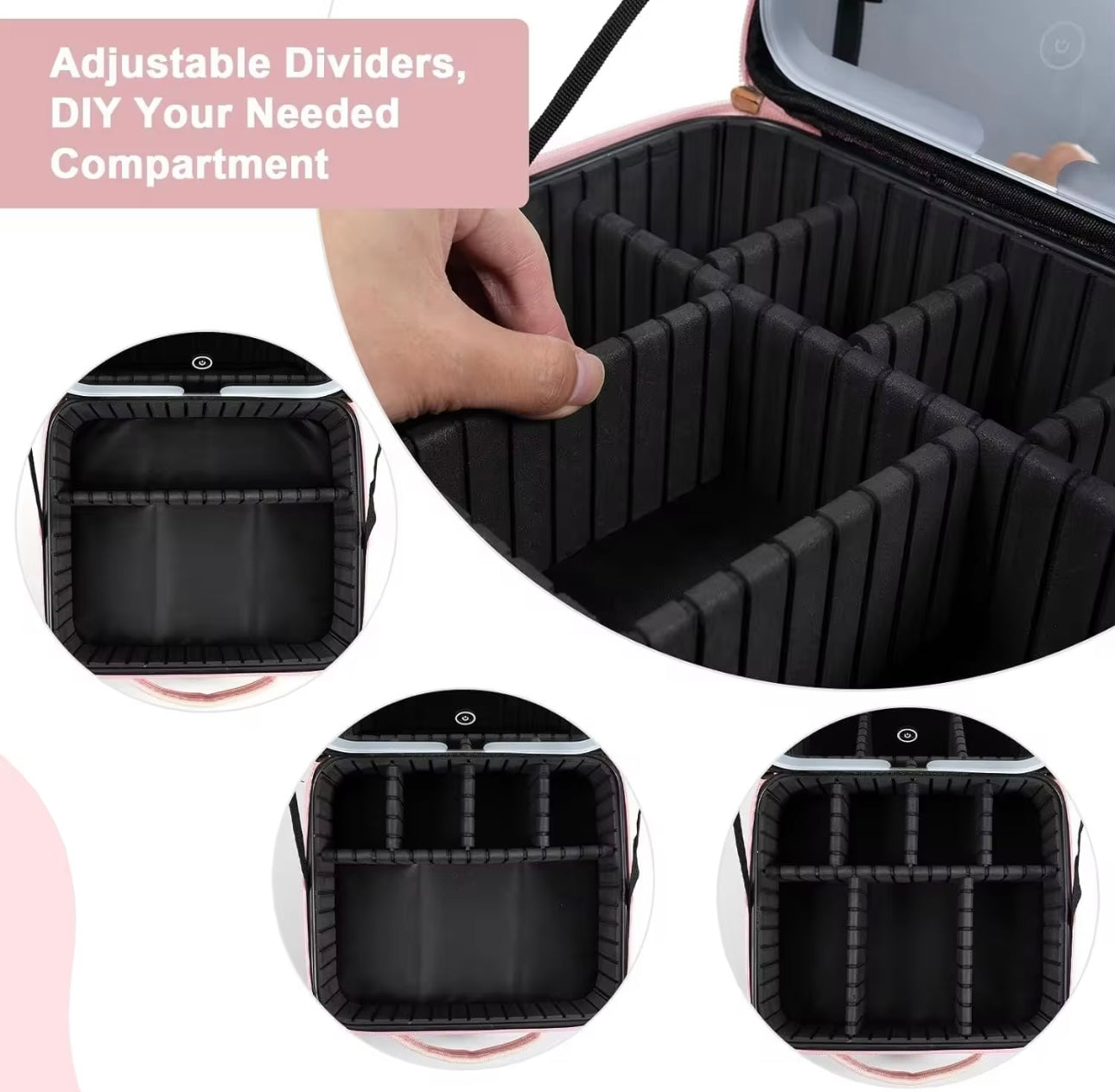 Travel Makeup Bag with LED Light Mirror and Adjustable Partitions