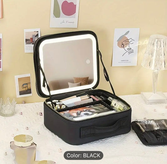 Travel Makeup Bag with LED Light Mirror and Adjustable Partitions