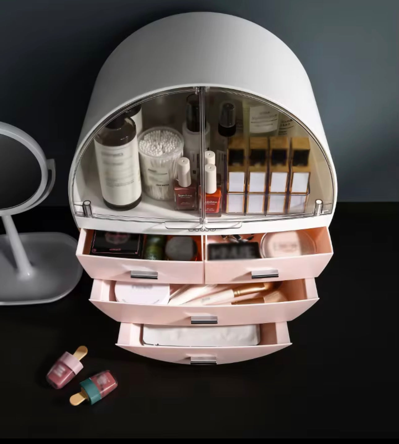 Transparent Double Door Cosmetic Storage Box, Dustproof Display ,Case Drawer Style Vanity