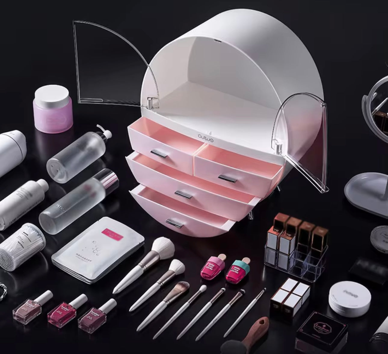 Transparent Double Door Cosmetic Storage Box, Dustproof Display ,Case Drawer Style Vanity