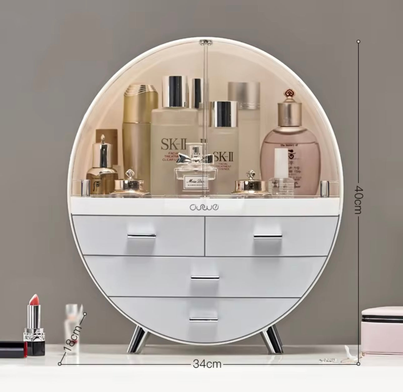 Transparent Double Door Cosmetic Storage Box, Dustproof Display ,Case Drawer Style Vanity