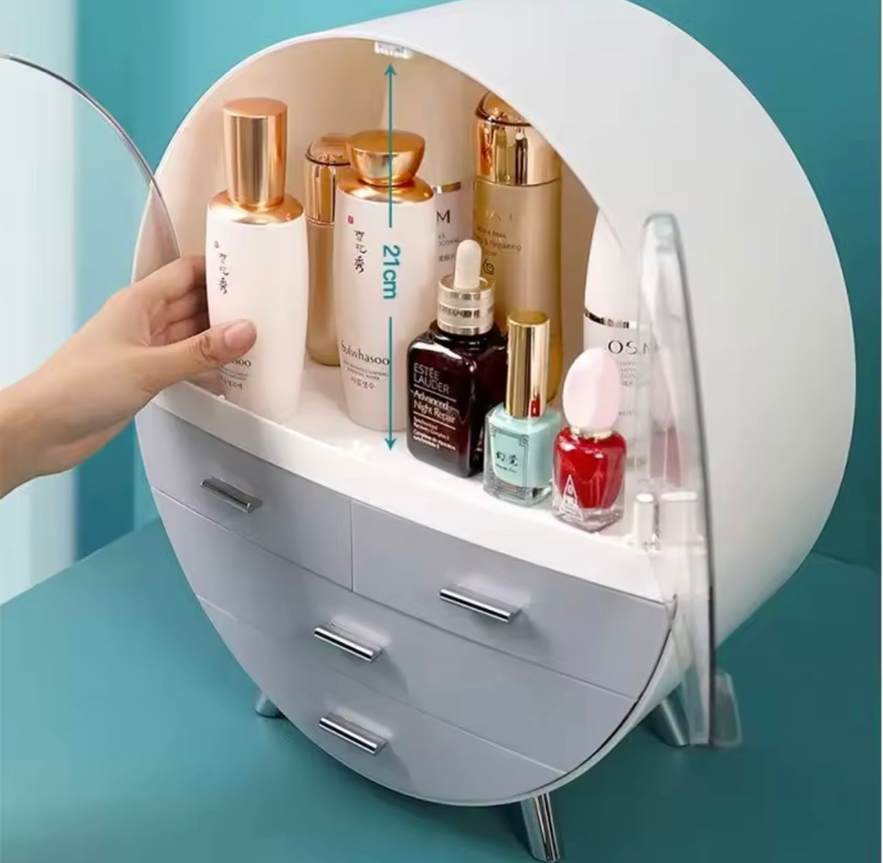 Transparent Double Door Cosmetic Storage Box, Dustproof Display ,Case Drawer Style Vanity