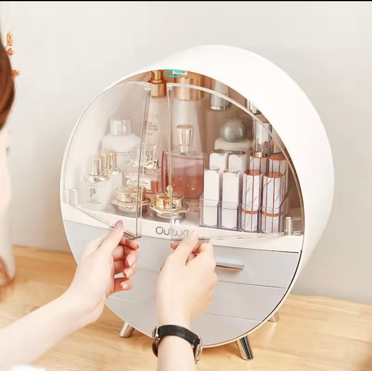 Transparent Double Door Cosmetic Storage Box, Dustproof Display ,Case Drawer Style Vanity