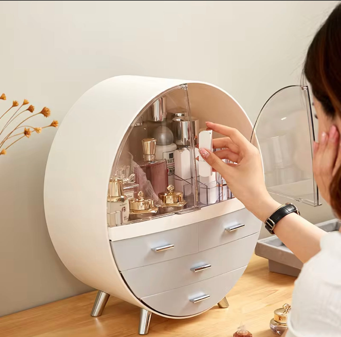 Transparent Double Door Cosmetic Storage Box, Dustproof Display ,Case Drawer Style Vanity
