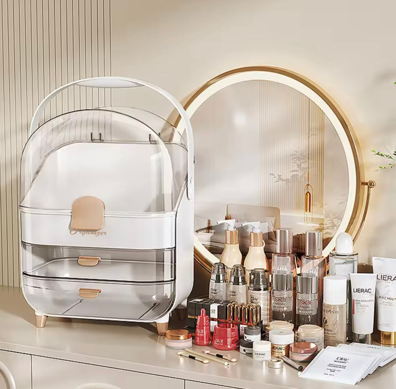 Large-Capacity Makeup Organizer with Lid - Dustproof Desktop Cosmetic Storage Drawer for Skincare & Beauty Products