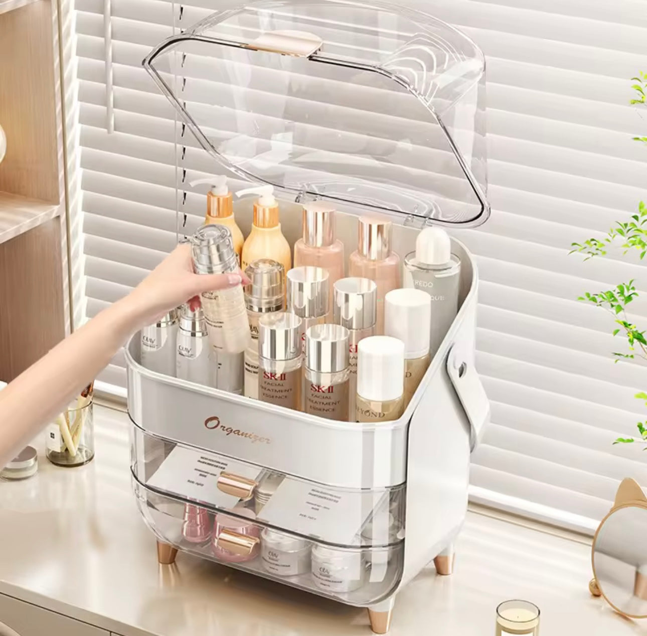 Large-Capacity Makeup Organizer with Lid - Dustproof Desktop Cosmetic Storage Drawer for Skincare & Beauty Products
