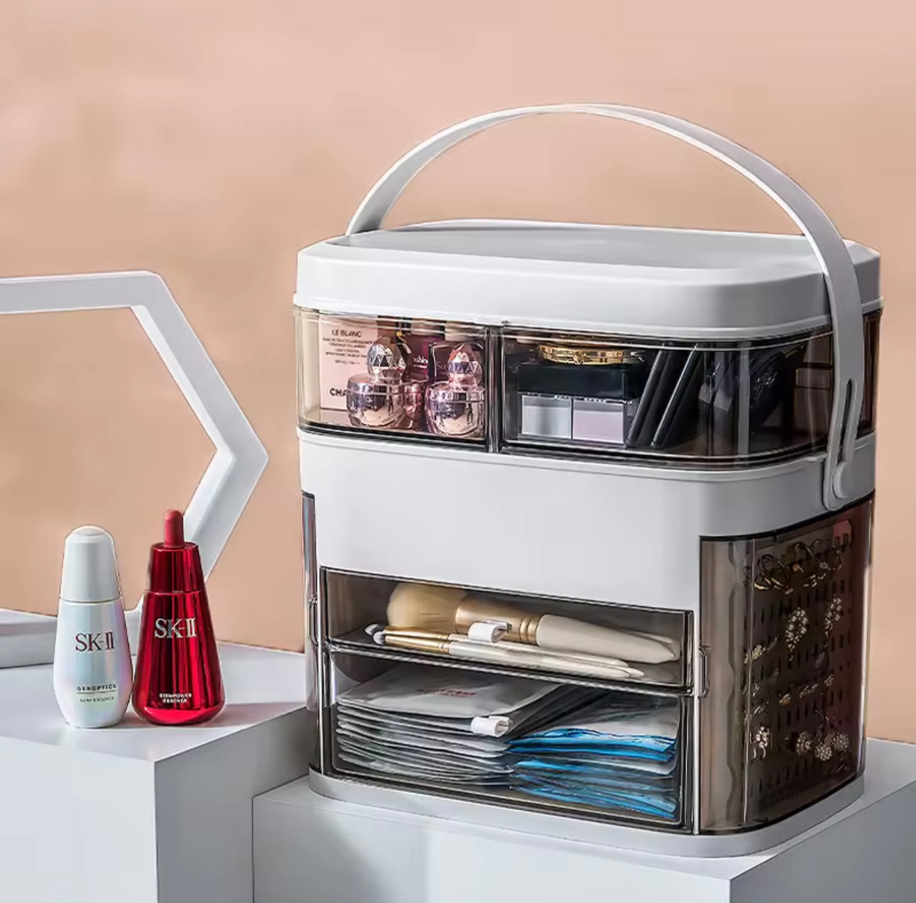 Large Capacity Makeup Organizer with Mirror , Cosmetic Storage Box and Jewellery Storage Box-Dustproof Design with Drawers & Compartments.