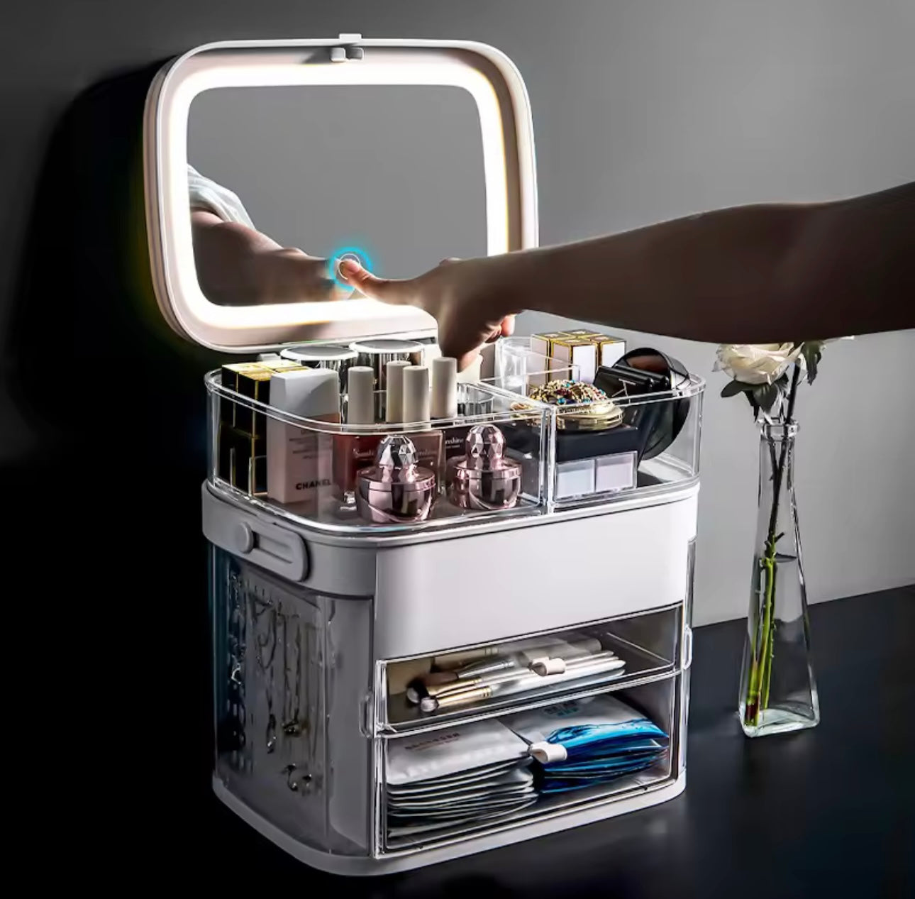 Large Capacity Makeup Organizer with Mirror , Cosmetic Storage Box and Jewellery Storage Box-Dustproof Design with Drawers & Compartments.