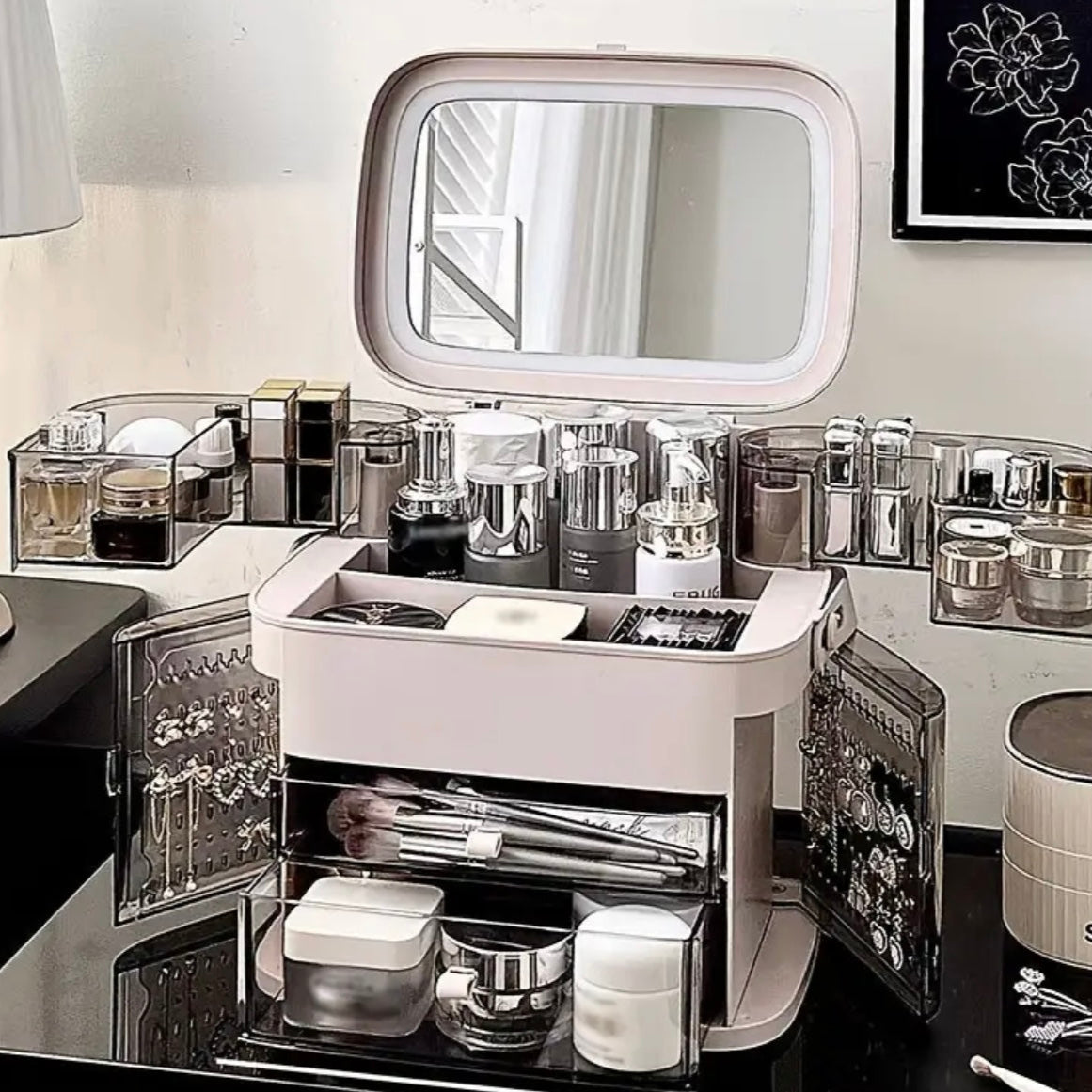 Large Capacity Makeup Organizer with Mirror , Cosmetic Storage Box and Jewellery Storage Box-Dustproof Design with Drawers & Compartments.