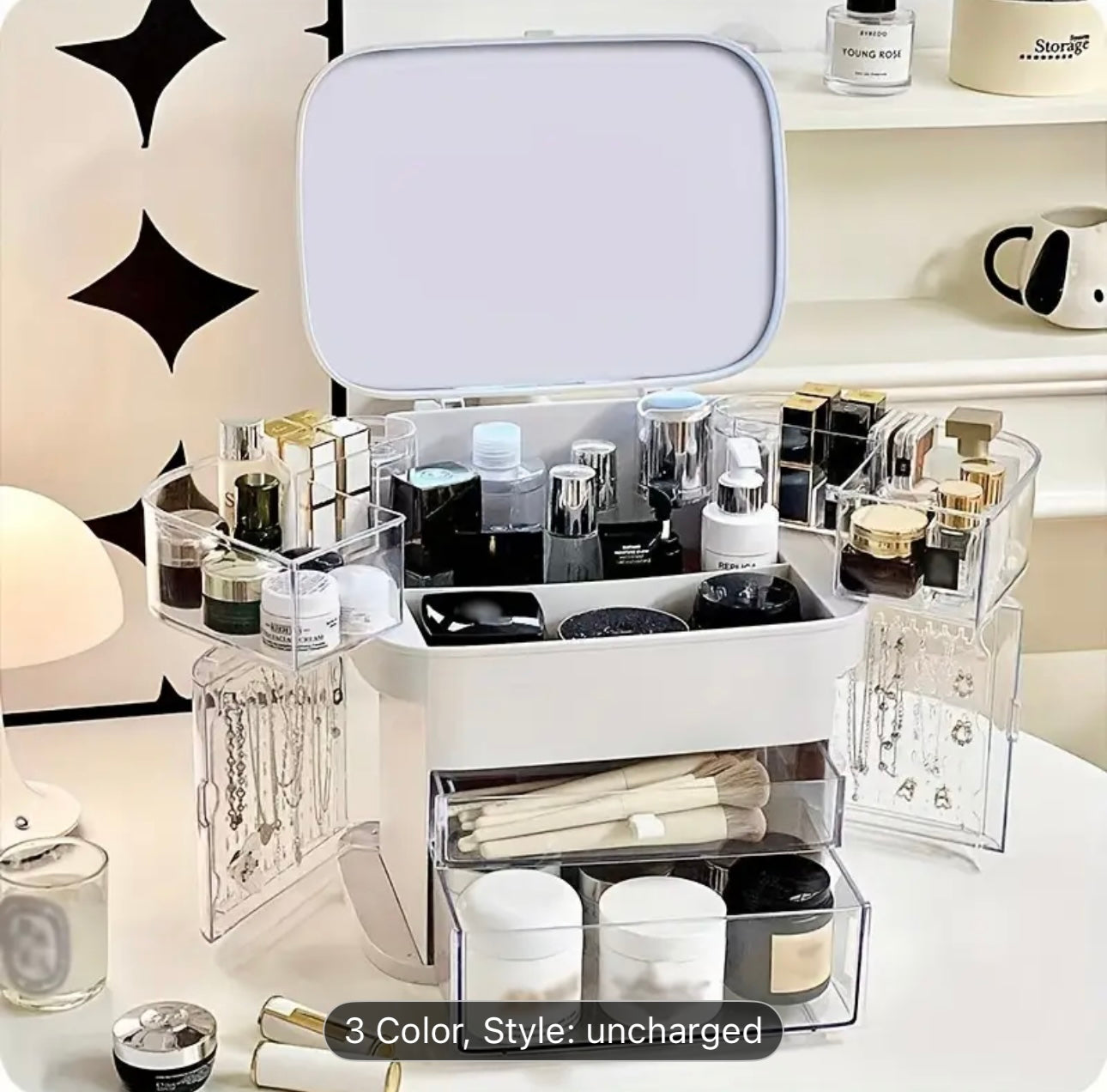 Large Capacity Makeup Organizer with Mirror , Cosmetic Storage Box and Jewellery Storage Box-Dustproof Design with Drawers & Compartments.