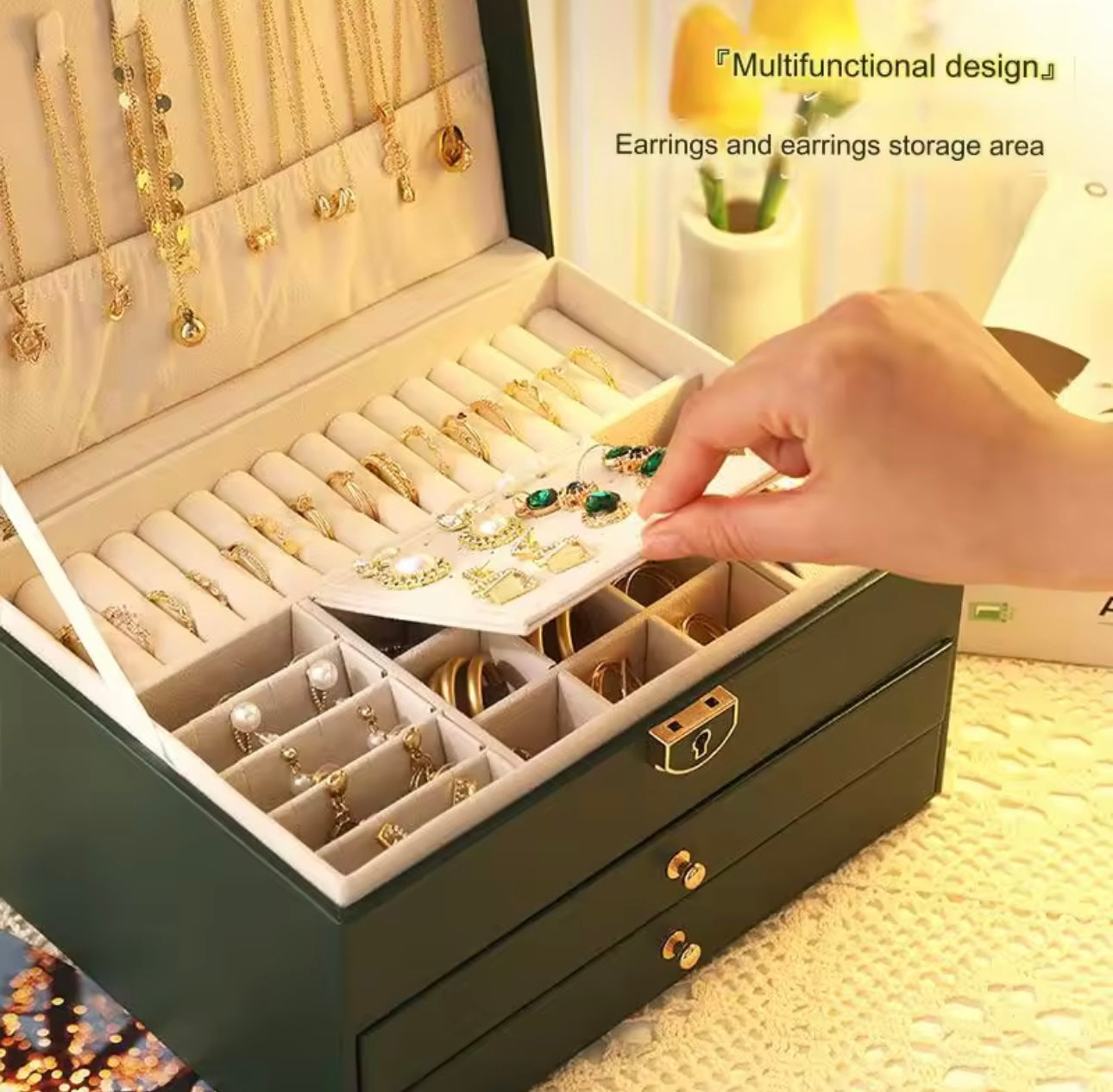 Three-Tier Jewelry Box with Drawer, Large Capacity for Storing and Displaying Earrings, Rings, Necklaces, Beaded Accessories
