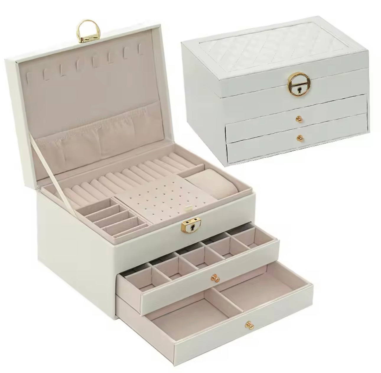 Three-Tier Jewelry Box with Drawer, Large Capacity for Storing and Displaying Earrings, Rings, Necklaces, Beaded Accessories