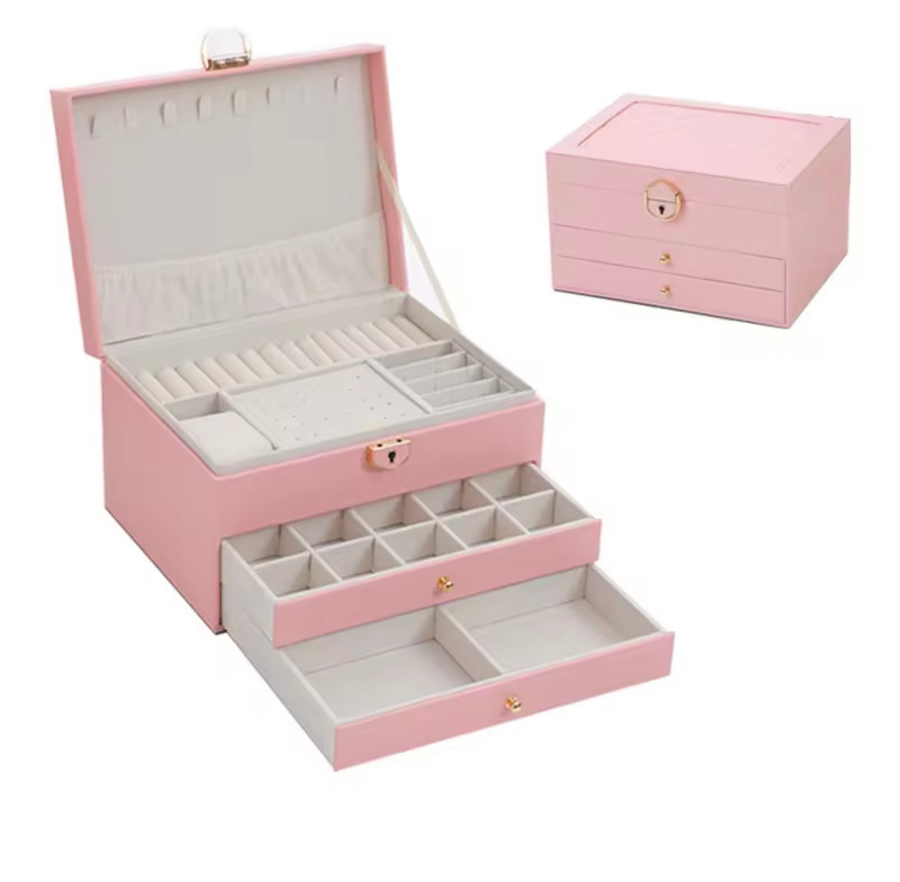 Three-Tier Jewelry Box with Drawer, Large Capacity for Storing and Displaying Earrings, Rings, Necklaces, Beaded Accessories