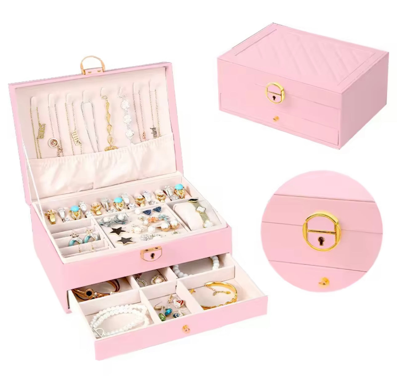 Two-Tier Jewelry Box with Drawer, Large Capacity for Storing and Displaying Earrings, Rings, Necklaces, Beaded Accessories
