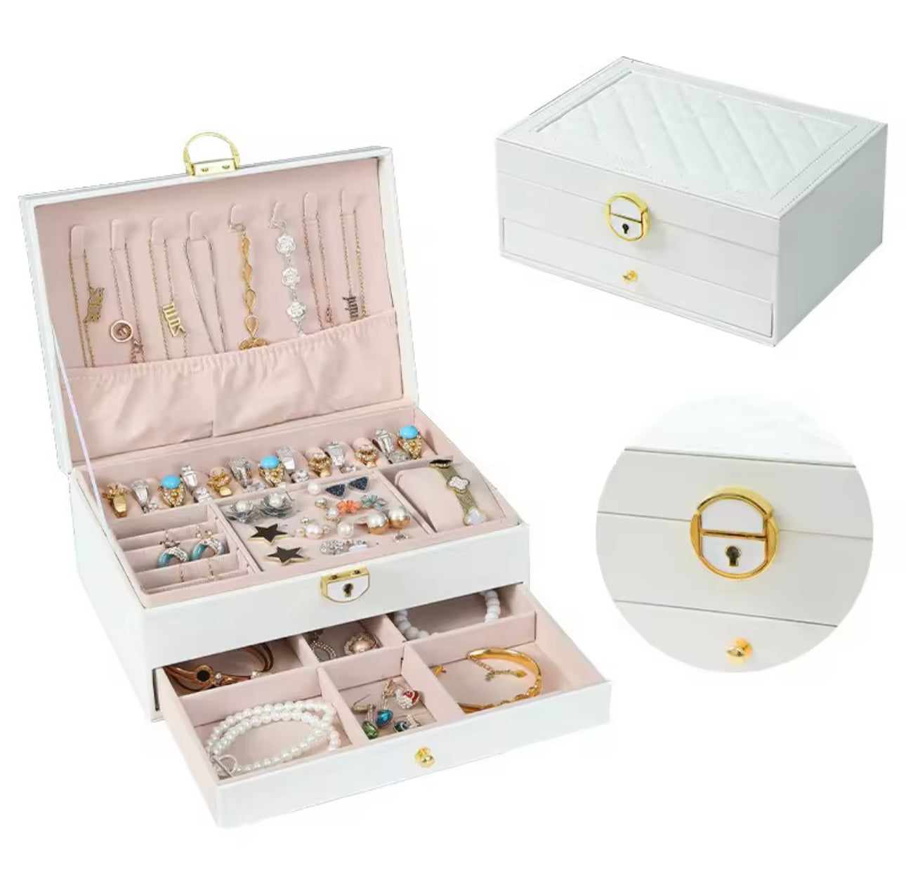 Two-Tier Jewelry Box with Drawer, Large Capacity for Storing and Displaying Earrings, Rings, Necklaces, Beaded Accessories