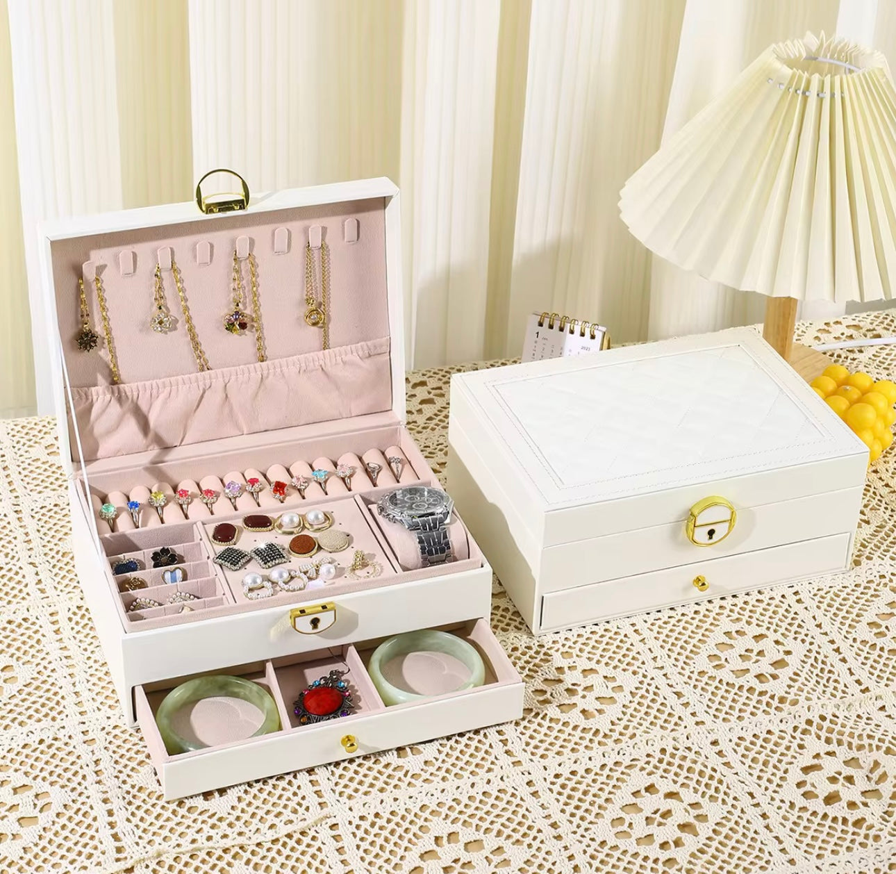 Two-Tier Jewelry Box with Drawer, Large Capacity for Storing and Displaying Earrings, Rings, Necklaces, Beaded Accessories