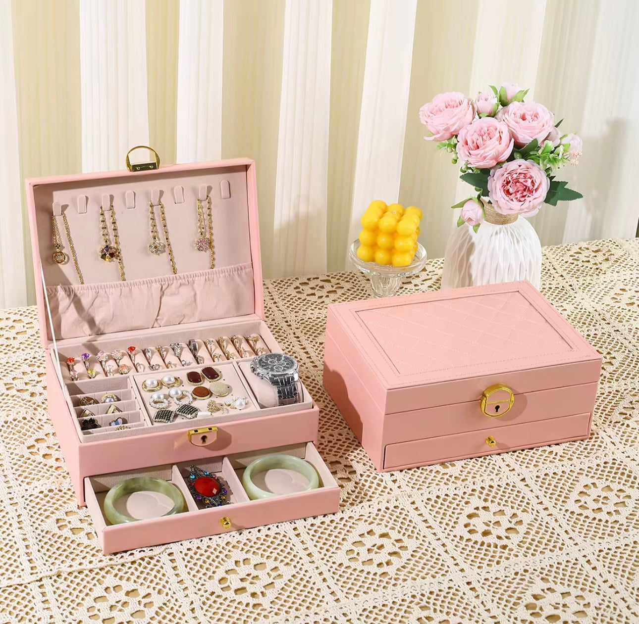Two-Tier Jewelry Box with Drawer, Large Capacity for Storing and Displaying Earrings, Rings, Necklaces, Beaded Accessories