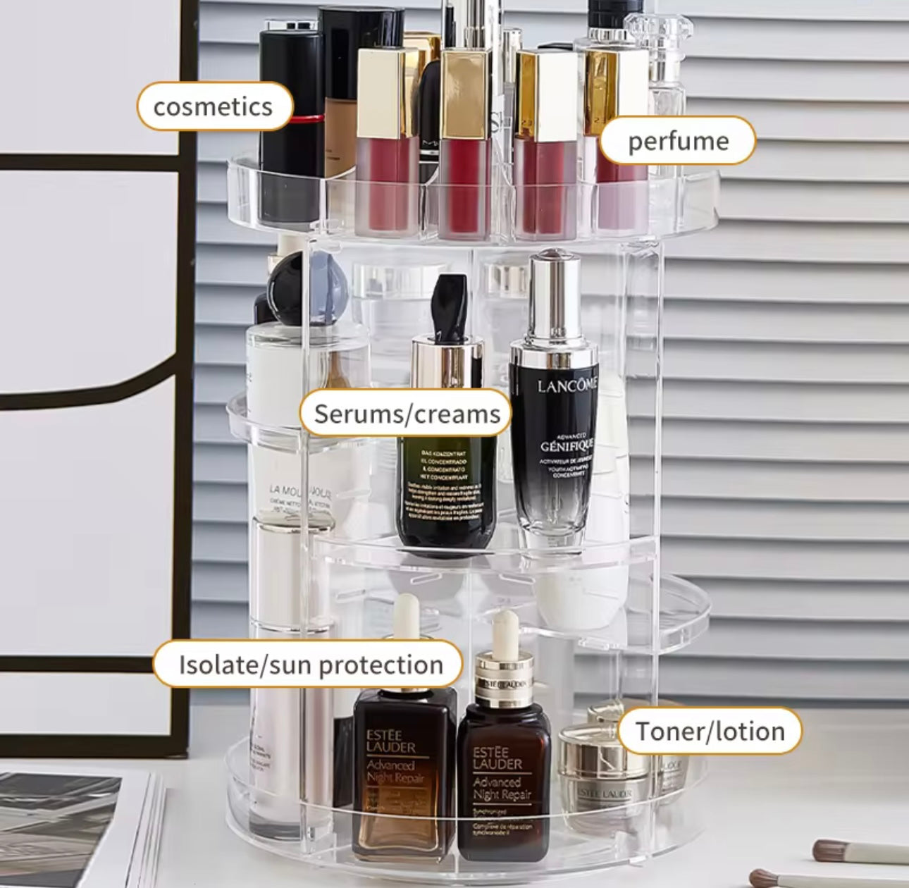 3-Tier Transparent Cosmetic Organizer - Stand for Brushes, Lipstick, Perfume, Nail Polish.