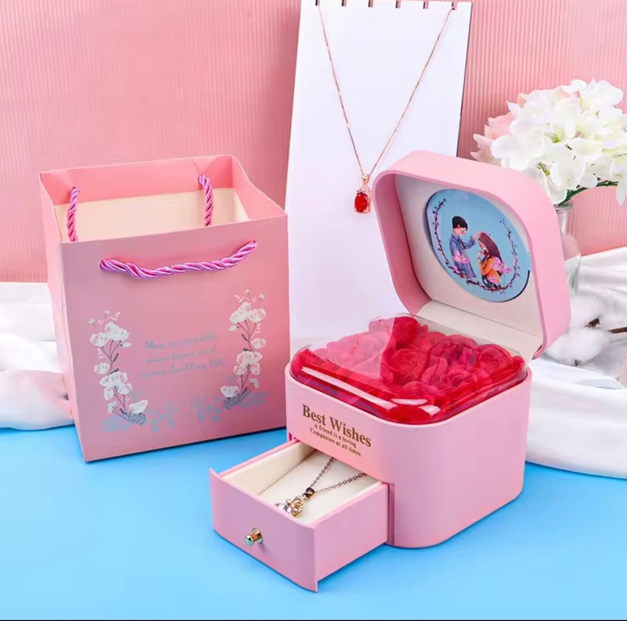 Rose Flower Round Square Gift Box, Artificial Rose Flower Jewelry Gift Box with Drawer, New Year Gift/Valentine'S Day Gift/Anniversary/Mother'S Day/Birthday Gift