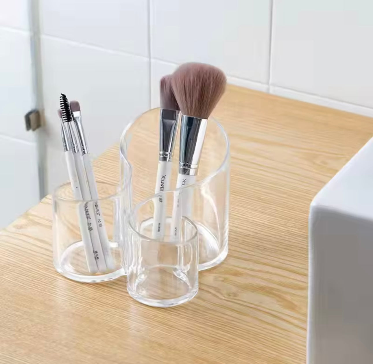 S-Shaped Clear Acrylic Makeup Organizer with 3 Compartments.