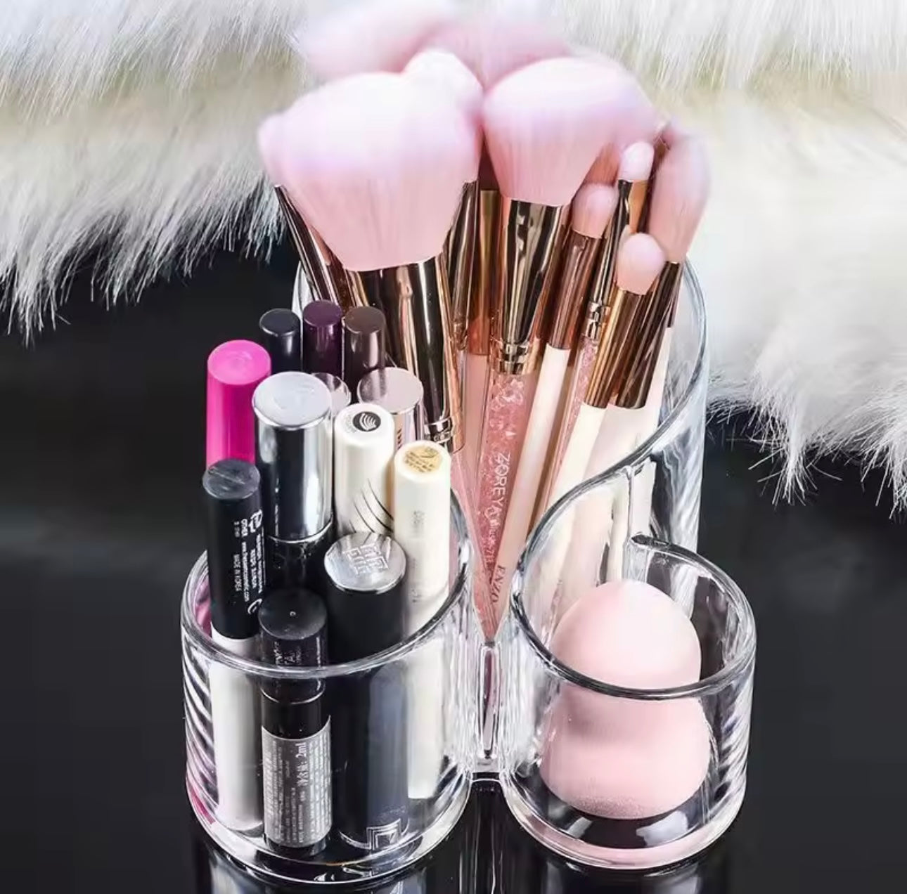 S-Shaped Clear Acrylic Makeup Organizer with 3 Compartments.
