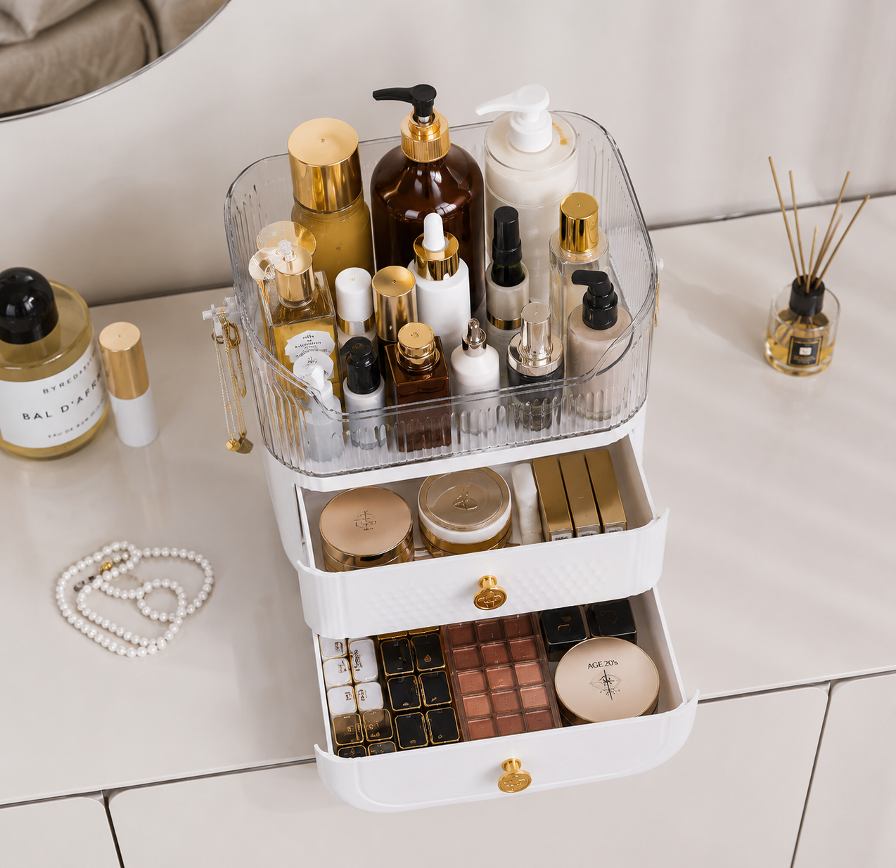 Luxury Makeup & Skincare Organizer with 2 Drawers | Large Capacity Vanity Storage Box