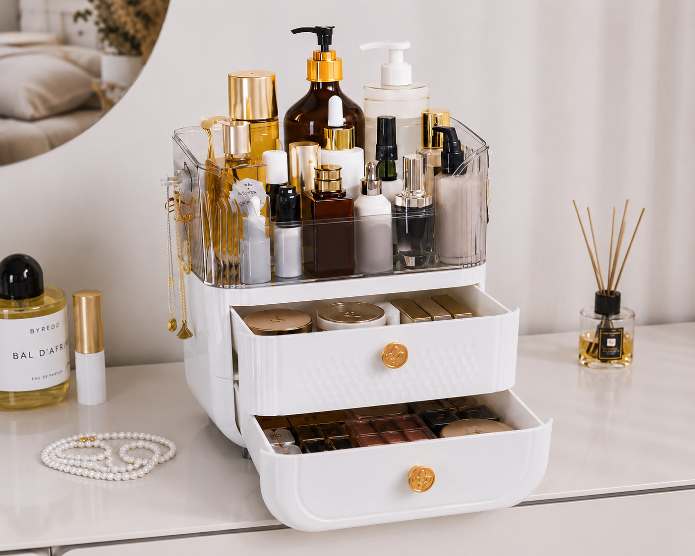 Luxury Makeup & Skincare Organizer with 2 Drawers | Large Capacity Vanity Storage Box