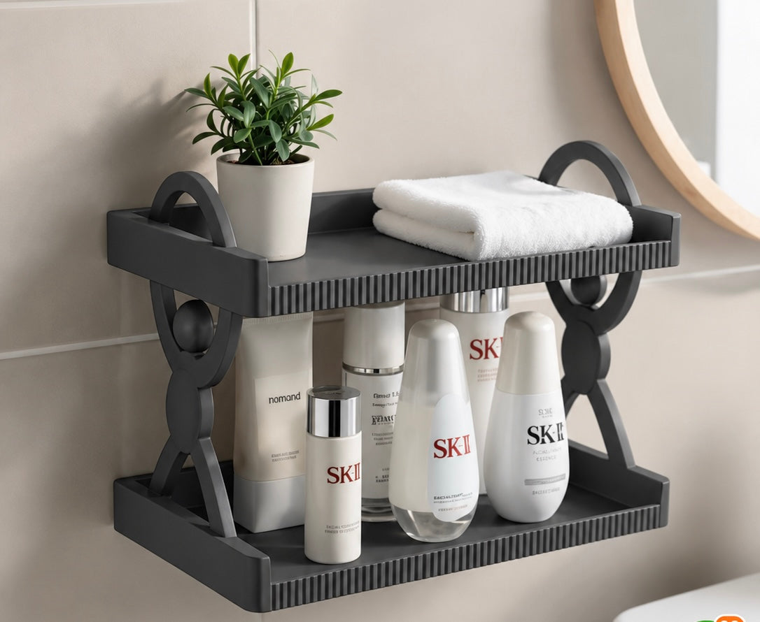 2-Tier Wall-Mounted Bathroom Organizer Shelf | Drill-Free Storage Rack for Toiletries & Skincare