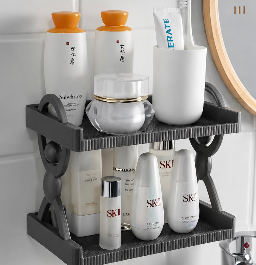 2-Tier Wall-Mounted Bathroom Organizer Shelf | Drill-Free Storage Rack for Toiletries & Skincare