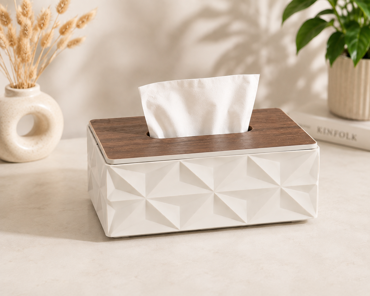 Luxury Geometric Tissue Box Holder with Wooden Lid