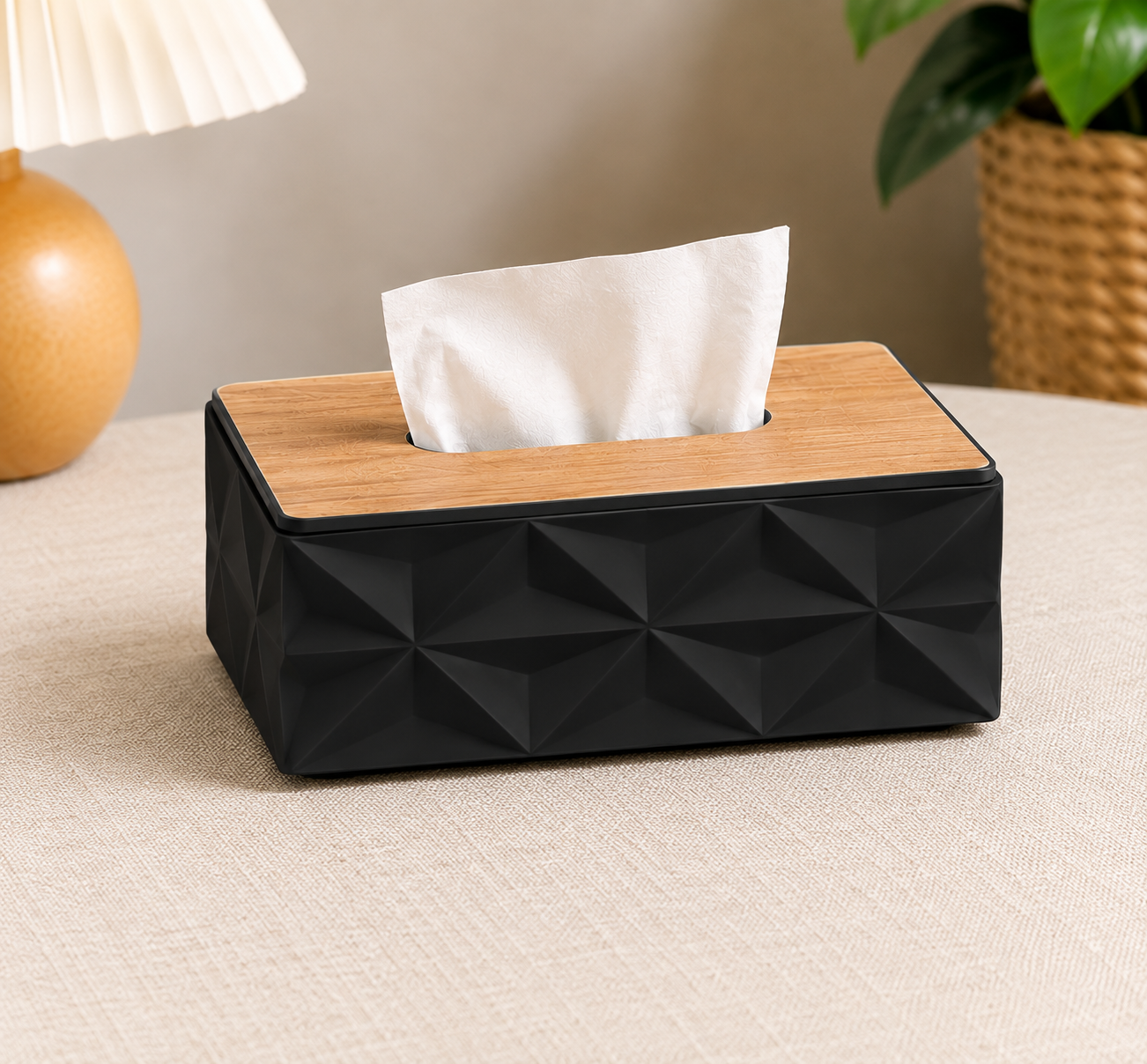 Luxury Geometric Tissue Box Holder with Wooden Lid