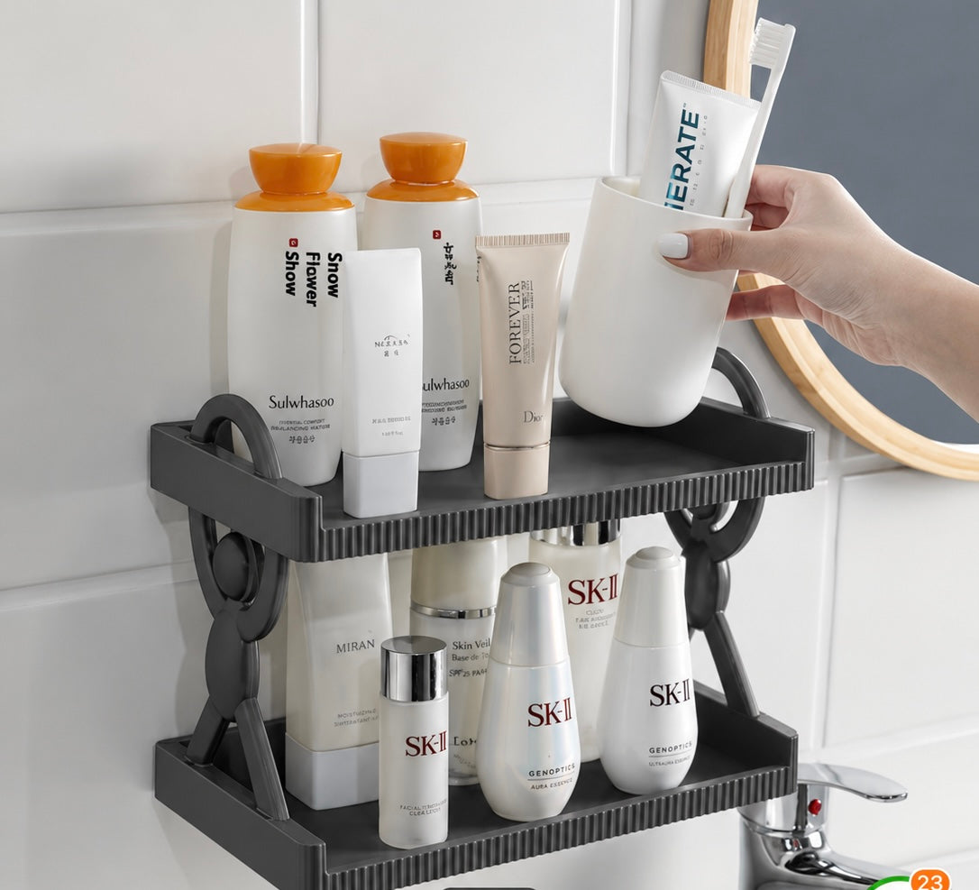 2-Tier Wall-Mounted Bathroom Organizer Shelf | Drill-Free Storage Rack for Toiletries & Skincare