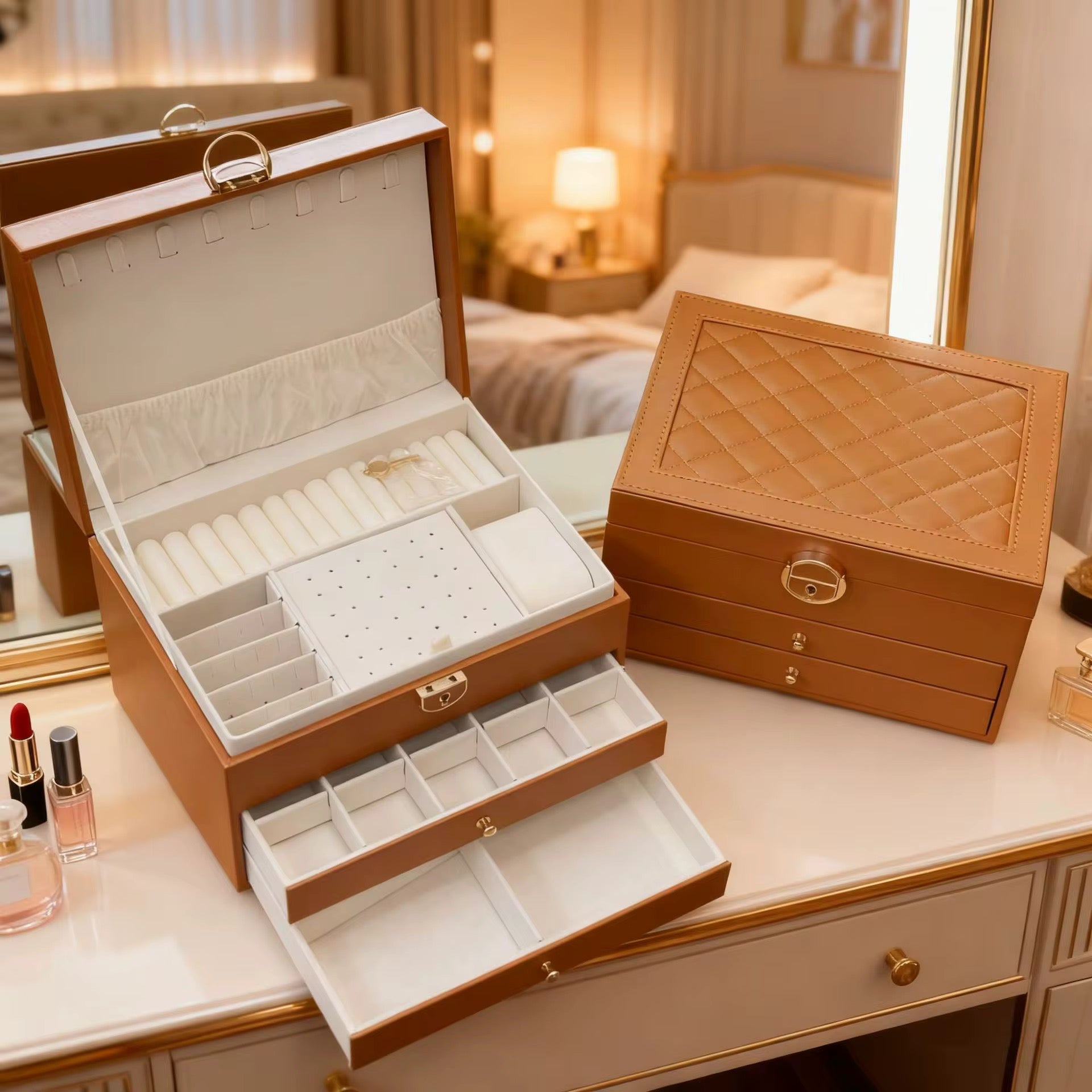 Three-Tier Jewelry Box with Drawer, Large Capacity for Storing and Displaying Earrings, Rings, Necklaces, Beaded Accessories