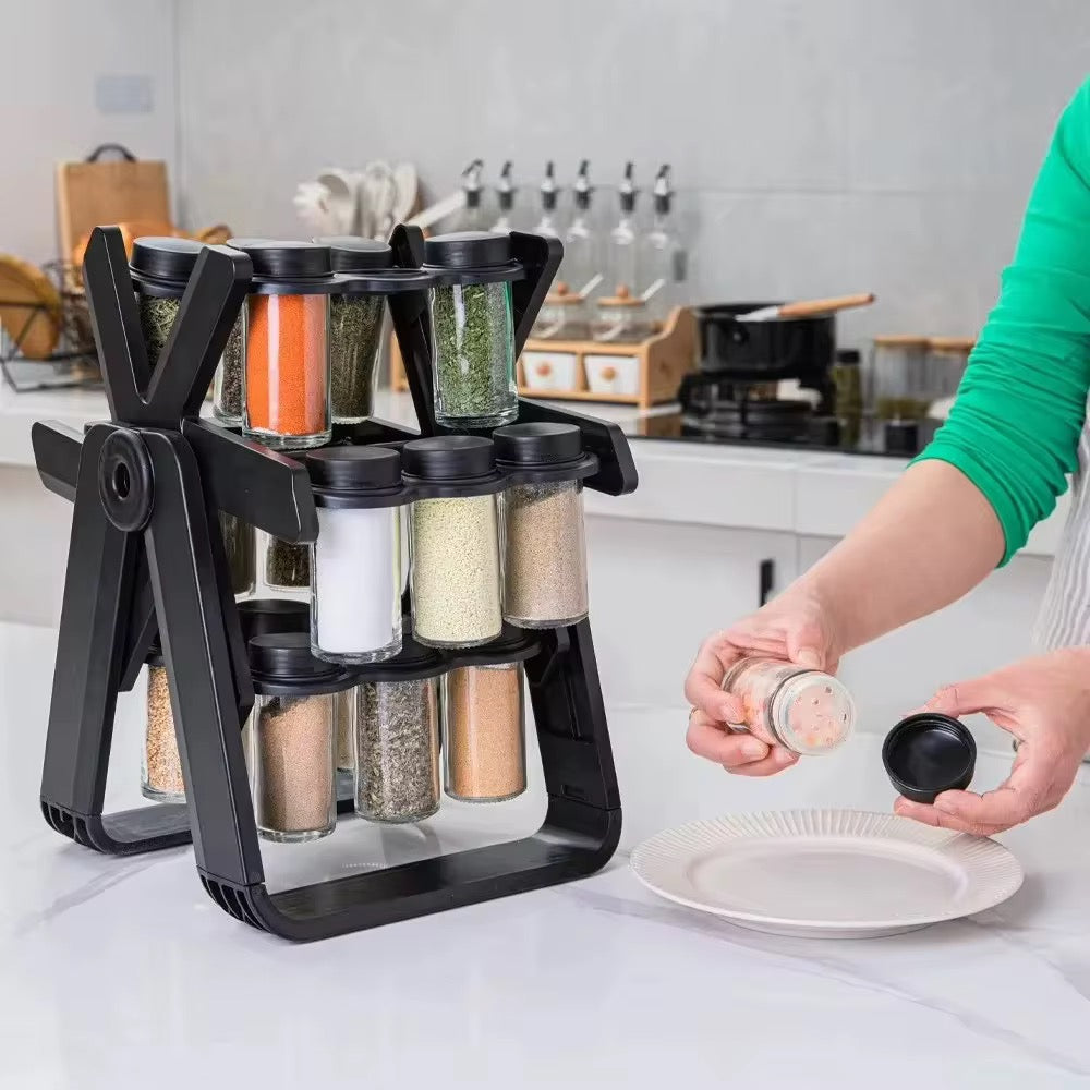360° Rotating Spice Rack Organizer with 16 Glass Jars – Premium Kitchen Seasoning Storage Stand