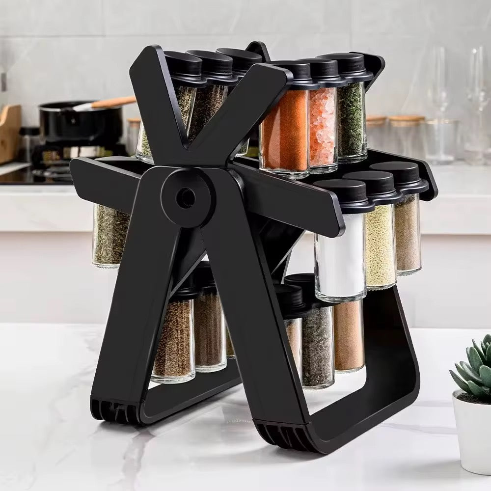 360° Rotating Spice Rack Organizer with 16 Glass Jars – Premium Kitchen Seasoning Storage Stand