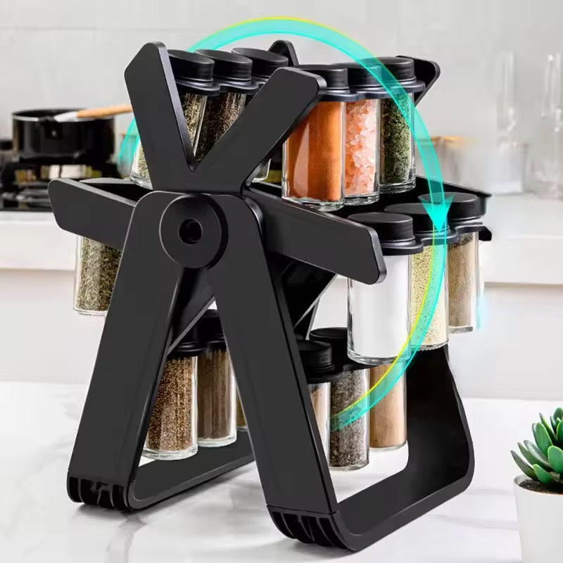 360° Rotating Spice Rack Organizer with 16 Glass Jars – Premium Kitchen Seasoning Storage Stand