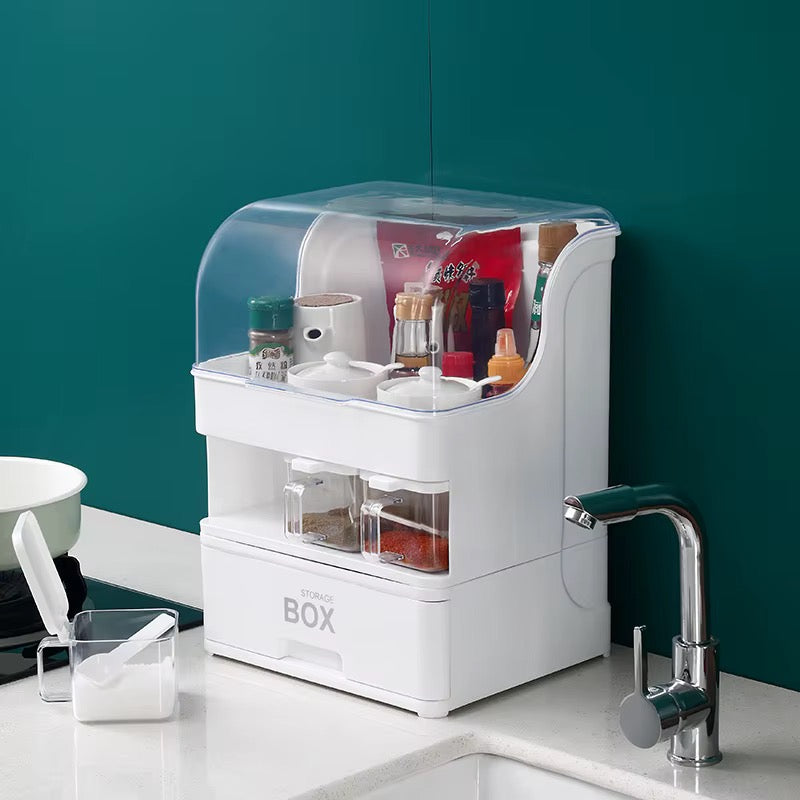 Large Capacity Multi-Layer Kitchen Storage Organizer with Spice Dispenser Drawers & Dustproof Lid