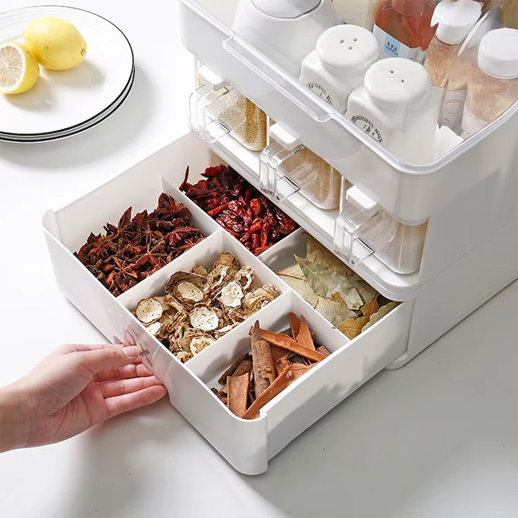Large Capacity Multi-Layer Kitchen Storage Organizer with Spice Dispenser Drawers & Dustproof Lid