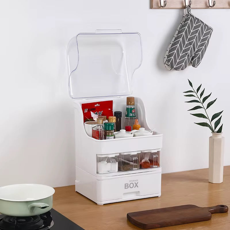 Large Capacity Multi-Layer Kitchen Storage Organizer with Spice Dispenser Drawers & Dustproof Lid
