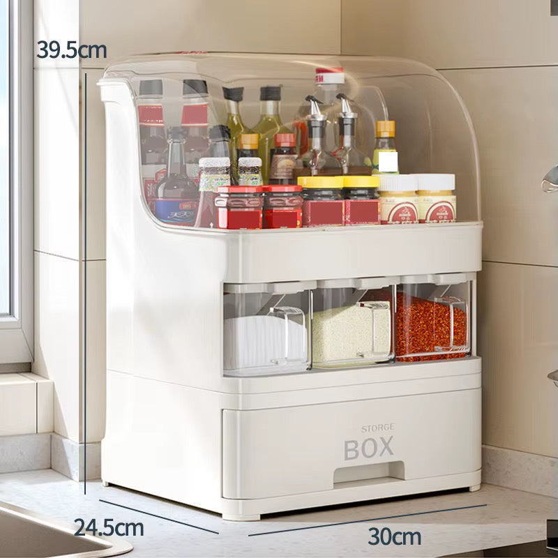 Large Capacity Multi-Layer Kitchen Storage Organizer with Spice Dispenser Drawers & Dustproof Lid