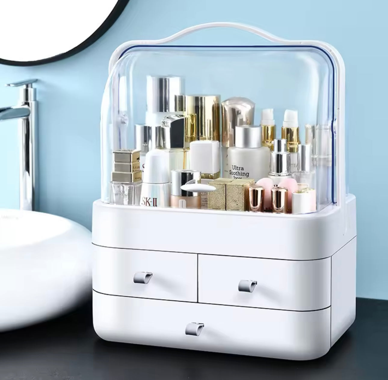 Large Capacity Double-Open Makeup Display Case with Storage Drawers