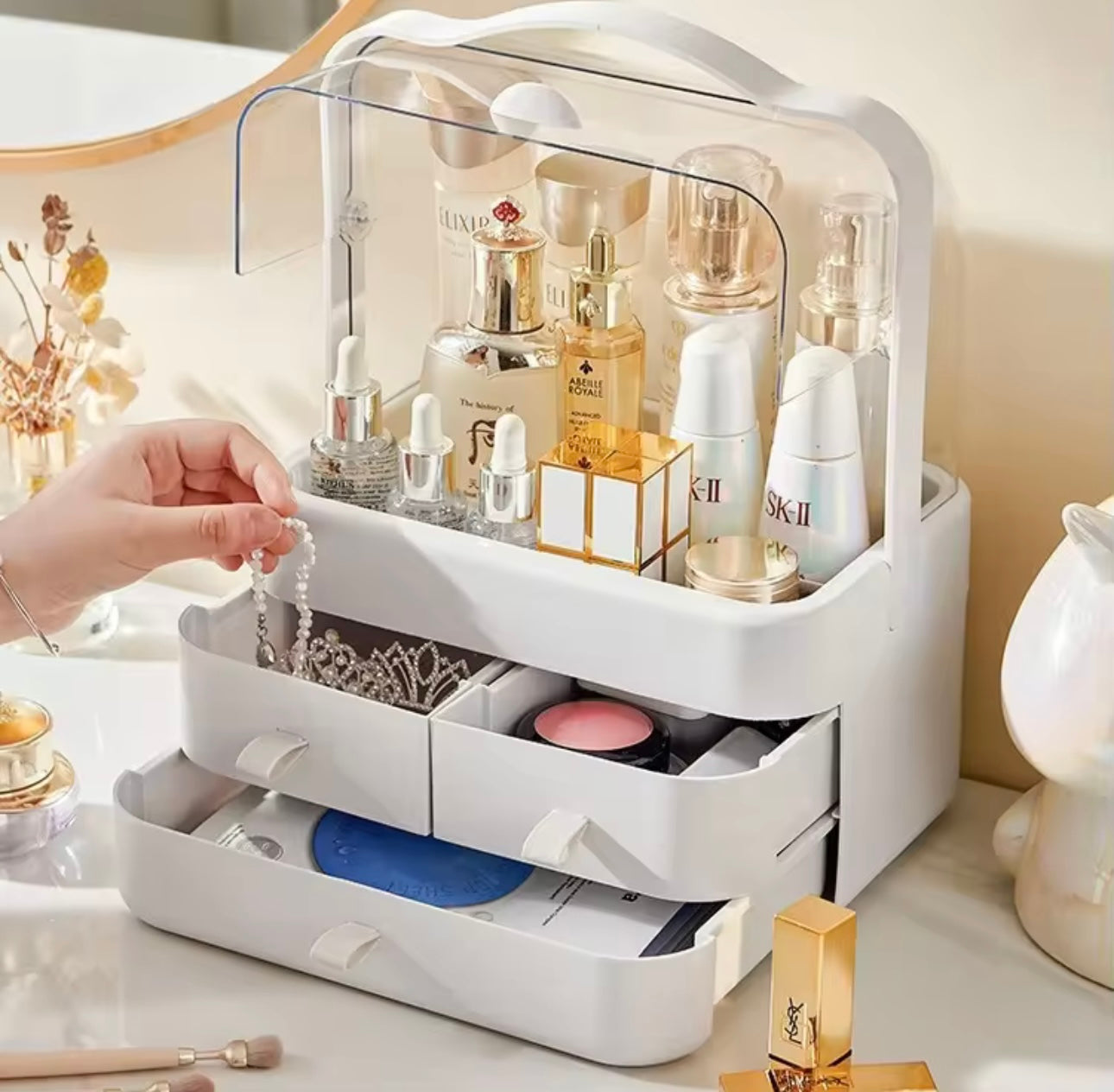 Large Capacity Double-Open Makeup Display Case with Storage Drawers