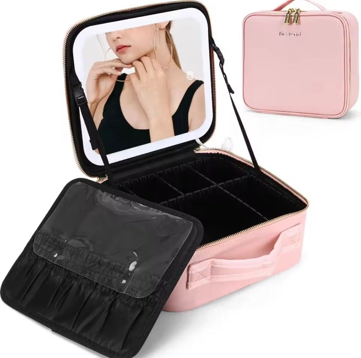 Travel Makeup Bag with LED Light Mirror and Adjustable Partitions