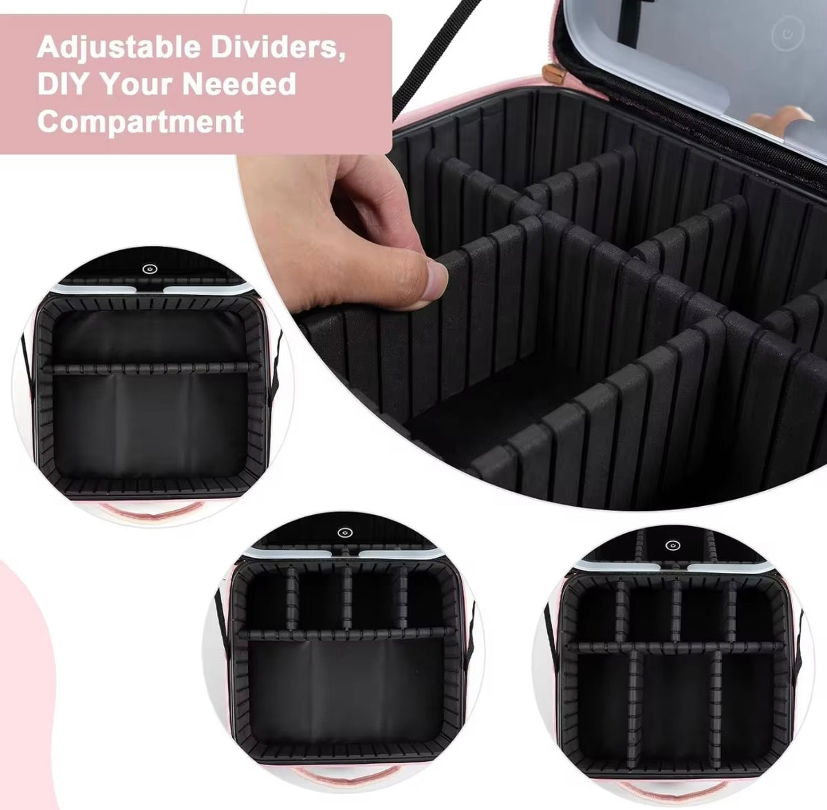 Travel Makeup Bag with LED Light Mirror and Adjustable Partitions