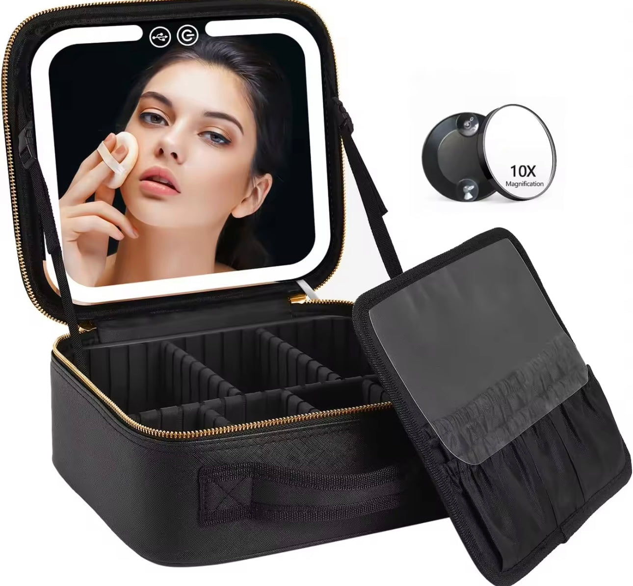 Travel Makeup Bag with LED Light Mirror and Adjustable Partitions