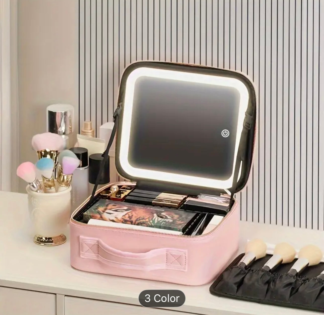 Travel Makeup Bag with LED Light Mirror and Adjustable Partitions