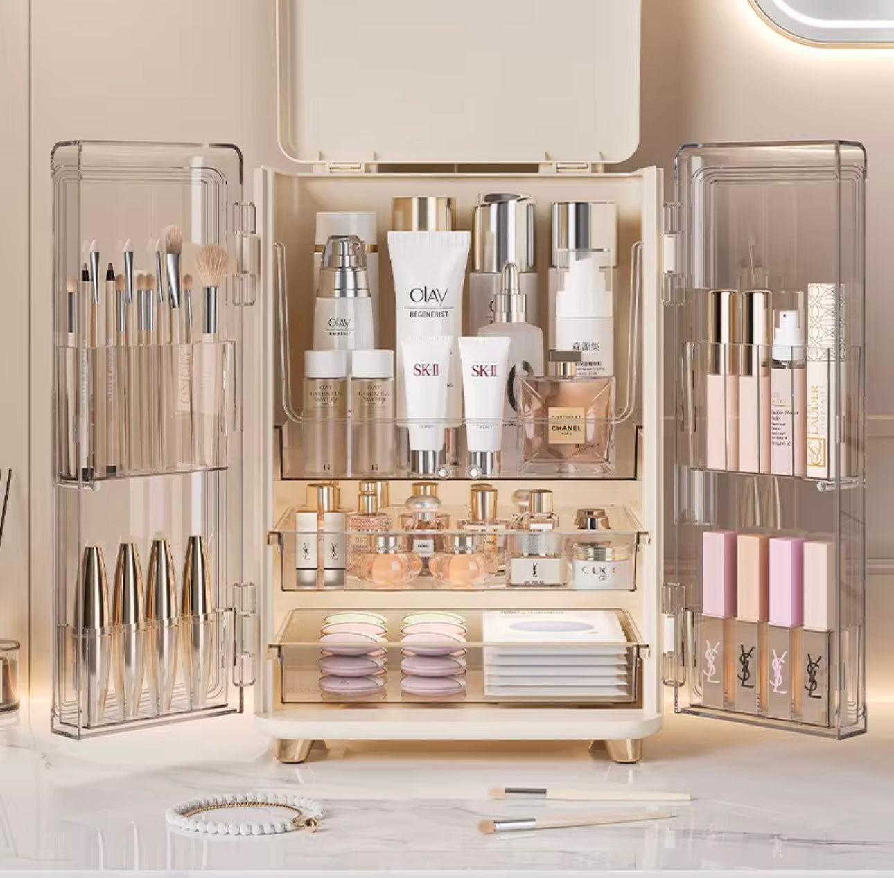 Double Door Makeup Storage Box with 2-Drawers