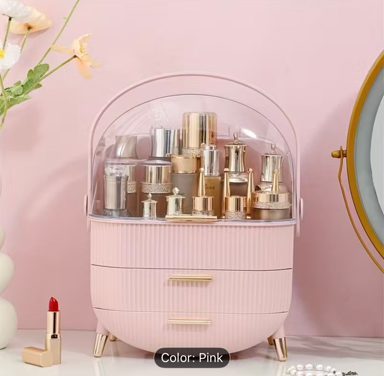 Cosmetic Storage Box, with 2 Drawers and Transparent Cover, Skin Care Storage Box.