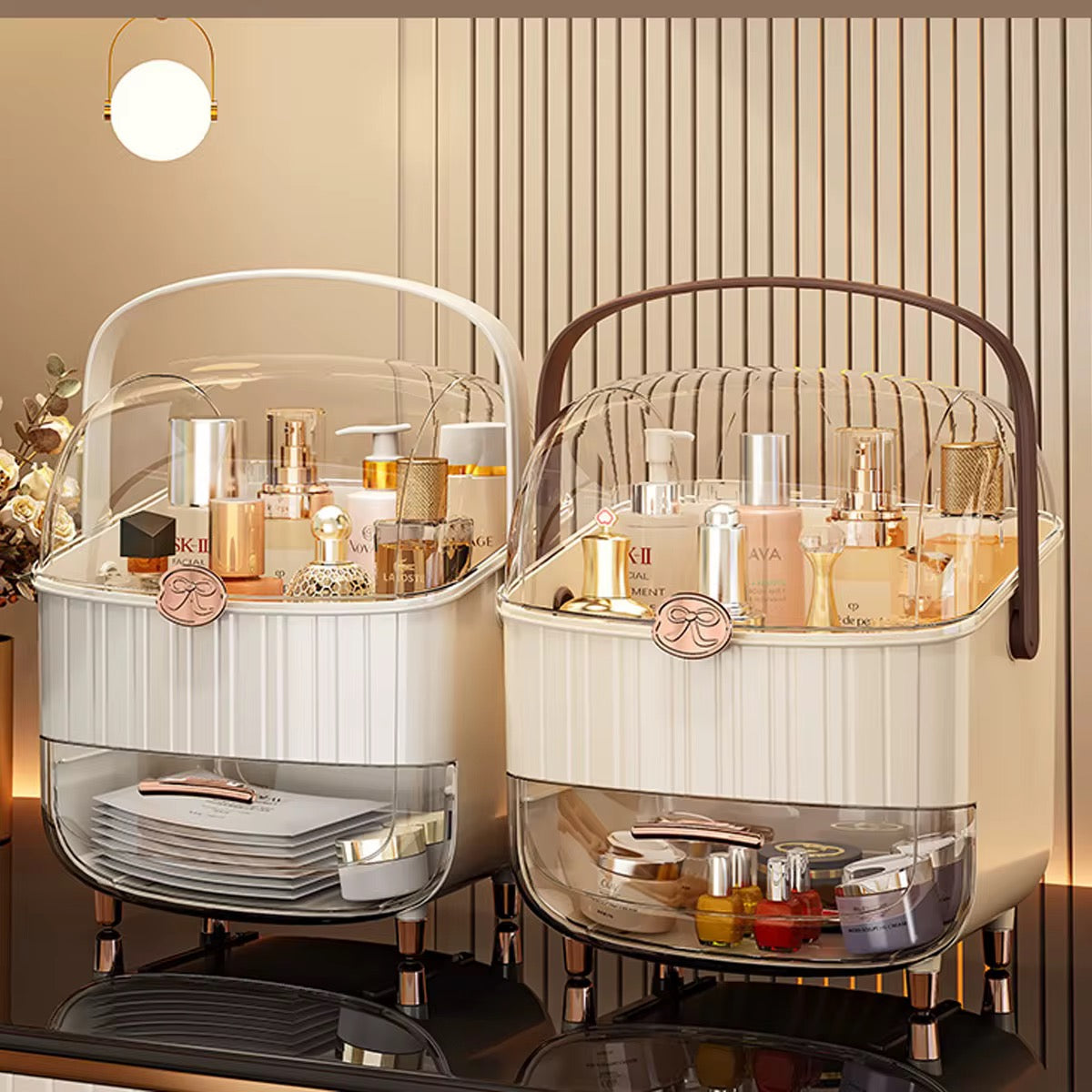 Luxury Dustproof Cosmetic Organizer with Drawer & Carry Handle