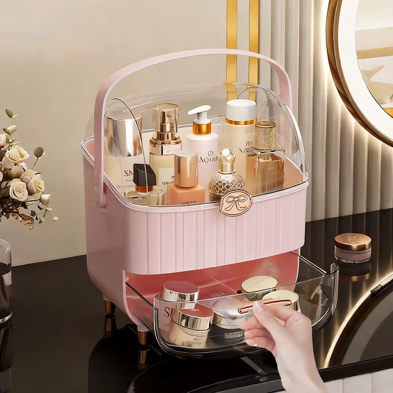 Luxury Dustproof Cosmetic Organizer with Drawer & Carry Handle